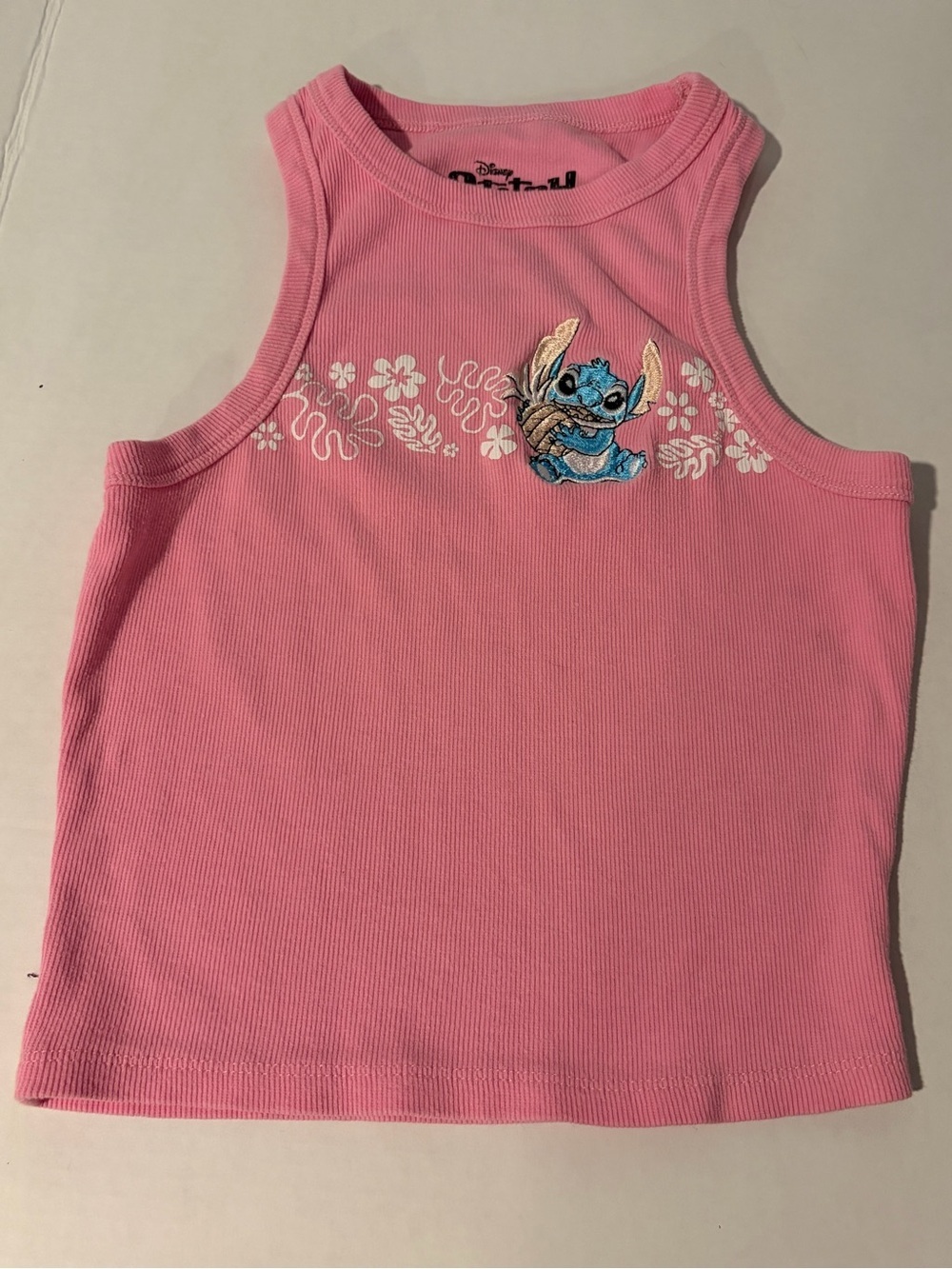 Disney Pink Ribbed Tank Top with Stitch Embroidery Size Medium